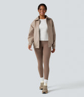 Collar Long Sleeve Relaxed Casual Faux Leather PU Jacket with Pockets