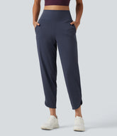 High Waisted Inner Drawstring Cropped Curved Hem InstantCool Quick Dry Running Pants with Pockets-UPF50+