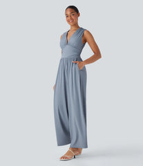 SoftlyZero™ Airy V Neck Sleeveless Ruched Pocket InstantCool Casual Jumpsuit-Easy Peezy