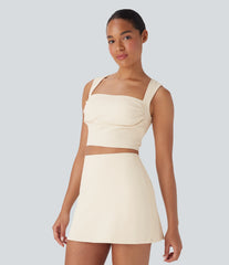 SoftlyZero™ Plush Square Neck Ruched Tank Top And Tummy Control 2-in-1 Yoga Skirt Set with Pocket