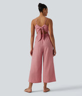 Tie Back Cut Out Stripe Linen-Feel Slip Jumpsuit with Pockets