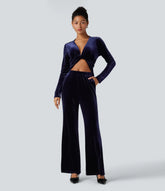 Deep V-neck Long Sleeve Twisted Tie Back Velvet Party Jumpsuit with Pockets-Easy Peezy