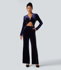 Deep V-neck Long Sleeve Twisted Tie Back Velvet Party Jumpsuit with Pockets-Easy Peezy
