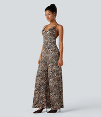 Crisscross Backless Leopard Print Party Slip Jumpsuit