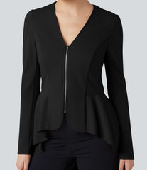 V Neck Long Sleeve Ruffe Hem High Low Work Coat