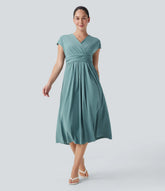 Breezeful™ V Neck Short Sleeve Pocket Tie Back Quick Dry Midi Casual Dress