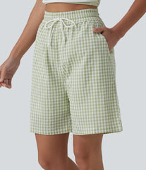 High Waisted Drawstring Gingham Plaid Resort Baggy Bermuda Shorts with Pockets