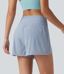 SoftlyZero™ Airy High Waisted Tie Front Contrast Mesh 2-in-1 InstantCool Running Shorts 3" with Pockets-UPF50+