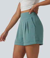 High Waisted Casual Linen-Feel Shorts 4'' with Pockets