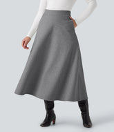 High Waisted Fleece Midi Casual A-line Skirt with Pockets