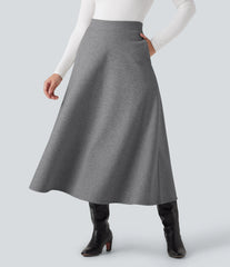 High Waisted Fleece Midi Casual A-line Skirt with Pockets