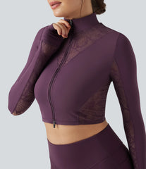 SoftlyZero™ Thumb Holes Contrast Lace Double Zipper Yoga Jacket-UPF50+