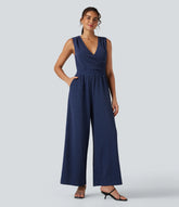 V Neck Sleeveless Tie Back Wide Leg Casual Sparkle Jumpsuit with Pockets-Easy Peezy Edition