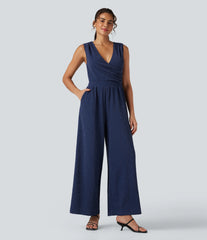 V Neck Sleeveless Tie Back Wide Leg Casual Sparkle Jumpsuit with Pockets-Easy Peezy Edition