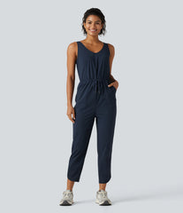 V Neck Drawstring Curved Hem Hiking Jumpsuit with Pockets