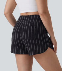 Plus Size High Waisted Curved Hem Stripe Casual Shorts with Pockets