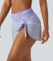High Waisted Tummy Control Mesh Ruched Tie Asymmetric Hem 2-in-1 Bikini Bottom Swimsuit 3"