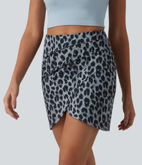 High Waisted Tummy Control Ruched 2-in-1 Mini Leopard Print Waffle Casual Tulip Skirt