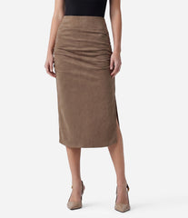 High Waisted Tummy Control Ruched Bodycon 2-in-1 Suede Midi Skirt