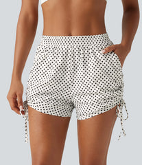 Mid Rise Gathered Hem Lace Up Polka Dot Casual Shorts 3" with Pockets