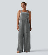 Plaid Casual Linen-Feel Overalls with Pockets