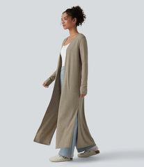 Long Sleeve Split Hem Heathered Casual Longline Coat