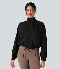 High-neck Long Sleeve Drawstring Hem Workout Jacket with Pockets