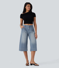 Halara Flex™ Mid Rise Capri Wide Leg Washed Casual Jeans with Pockets