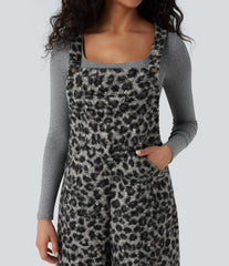 Square Neck Leopard Print Teddy Casual Baggy Overalls with Pockets