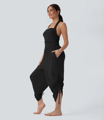 Ribbed Halter Tie Back Drawstring Resort Jumpsuit with Pockets