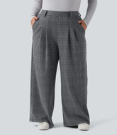 Plus Size High Waisted Wide Leg Houndstooth Plaid Casual Pants with Pockets