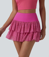 SoftlyZero™ Airy High Waisted Leopard Print Layered 2-in-1 InstantCool Mini Workout Skirt with Pocket-UPF50+