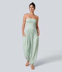 Ribbed Tube Backless Side Pocket Casual Jumpsuit