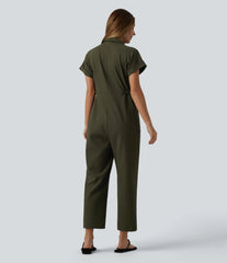 Short Sleeve Casual Jumpsuit with Pockets