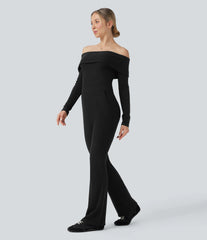 Ribbed Knit Foldover Off Shoulder Long Sleeve Bootcut Casual Jumpsuit with Pockets-Easy Peezy Edition