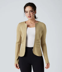 Round Neck Long Sleeve Ruched Zip Fly Work Blazer