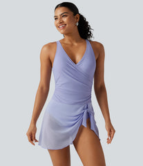 Crossover V Neck Ruched Asymmetric Tie Hem Contrast Mesh 2-in-1 Built-in Bra Tummy Control Swim Dress