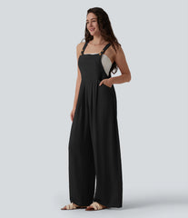 Adjustable Straps Pleated Linen-Feel Resort Overalls with Pockets