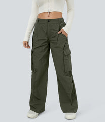 Mid Rise Button Zipper Side Pocket Wide Leg Baggy Casual Cargo Pants