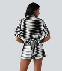Half Sleeve Belted Stripe Waffle Casual Romper with Pockets-Easy Peezy Edition