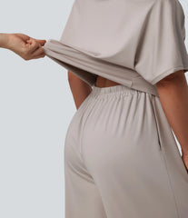 One-shoulder Short Sleeve Split Hem Casual Jumpsuit with Pockets-Easy Peezy