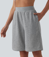 Mid Rise Inner Drawstring French Terry Baggy Casual Bermuda Sweat Shorts with Pockets