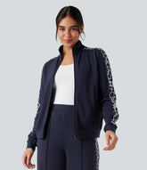 Stand Collar Contrast Leopard Casual Jacket with Pockets