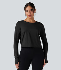 Round Neck Long Sleeve Thumb Hole Contrast Mesh Cut Out Tie Back Yoga Sports Top