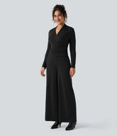 V-neck Zipper Long Sleeve Work Jumpsuit with Pockets-Easy Peezy
