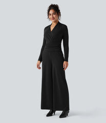 V-neck Zipper Long Sleeve Work Jumpsuit with Pockets-Easy Peezy