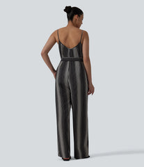 Tie Side Stripe Casual Slip Jumpsuit with Pockets