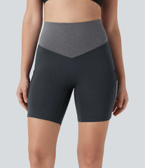High Waisted Color Block Contrast Mesh Quick Dry Yoga Biker Shorts 7'' with Pockets
