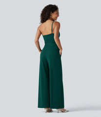 One Shoulder Sleeveless Belted Built-in Bra Party Jumpsuit with Pockets- Easy Peezy