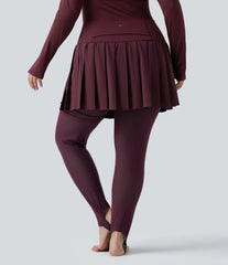 Breezeful™ High Waisted Pleated 2-in-1 Contrast Mesh Quick Dry Dance Plus Size Stirrup Skirted Leggings with Pockets
